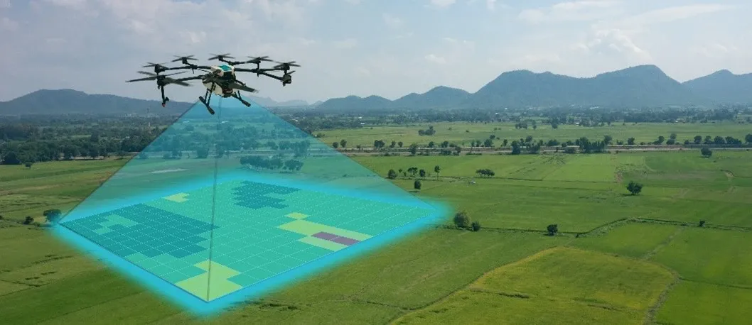 Agricultural drone scanning a field