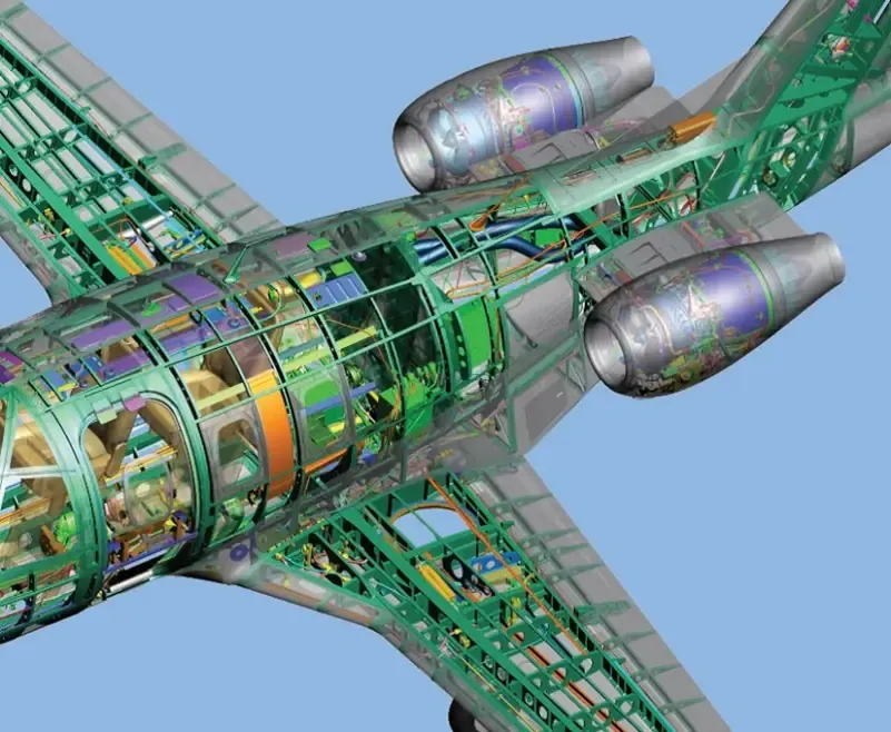 Aircraft fuselage structure cutaway with frames and systems