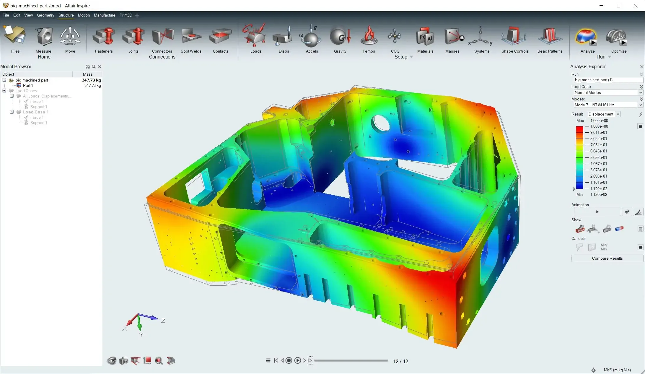 Altair Inspire interface showing a cast housing with a colorful stress contour