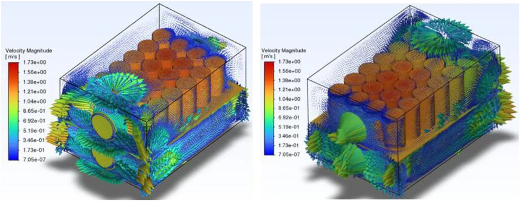Battery cell array with CFD velocity vectors showing cooling airflow