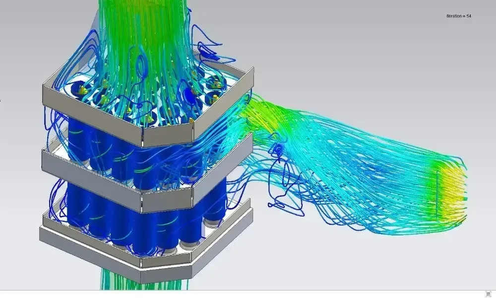 Cylindrical battery cell pack with CFD cooling airflow streamlines