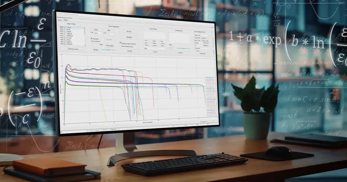 Monitor displaying battery material test curves on a desk in an engineering office