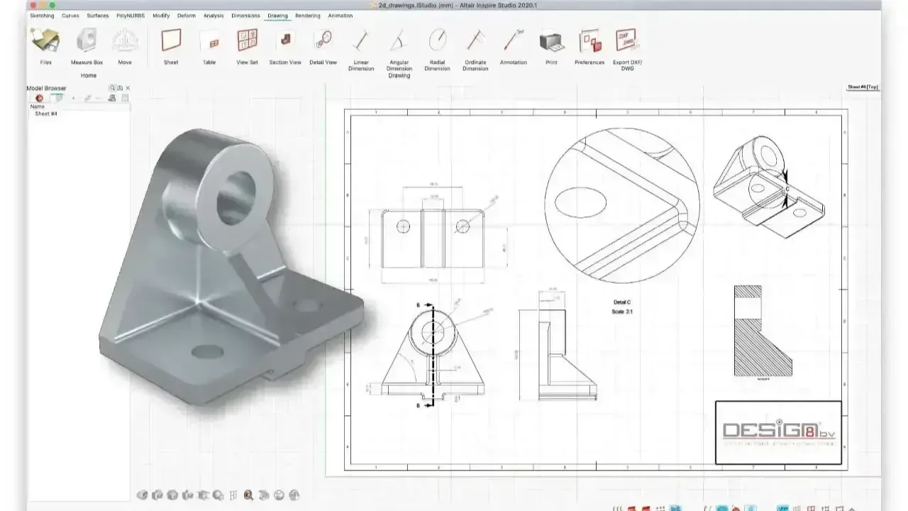 3D bracket model beside its dimensioned manufacturing drawing