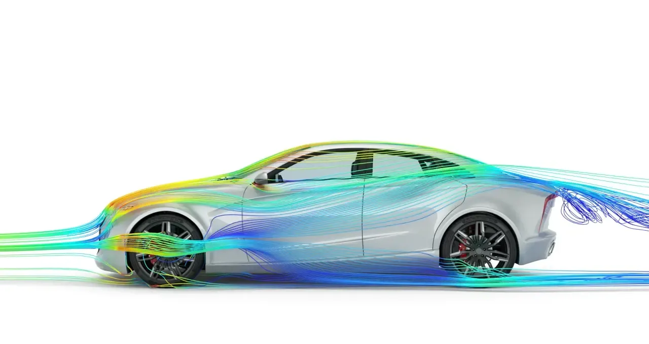 Sedan with CFD airflow streamlines around the body