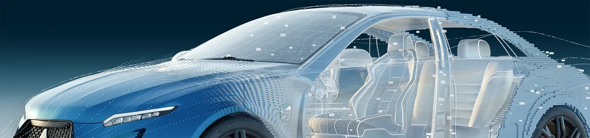 Car body with transparent wireframe and voxel mesh overlay