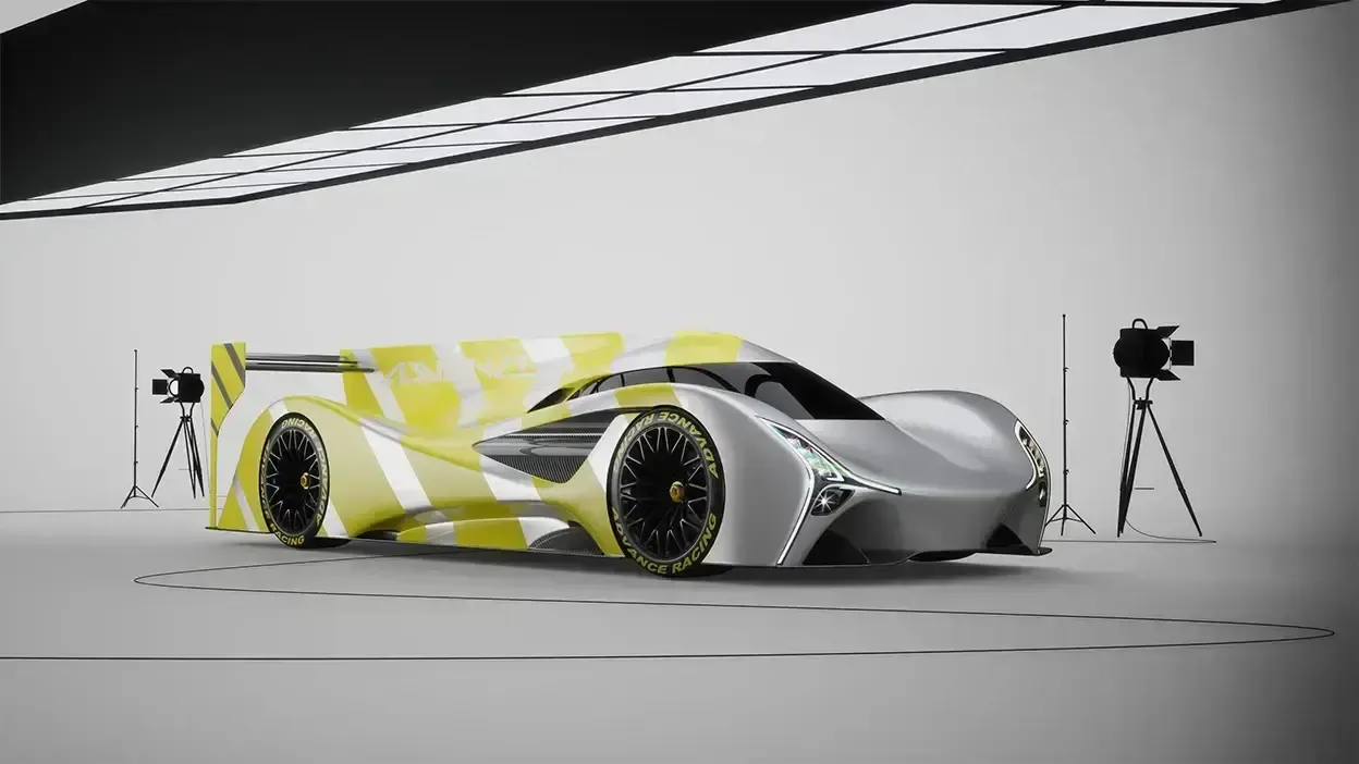 Concept race car rendered in a photo studio with lights and a camera