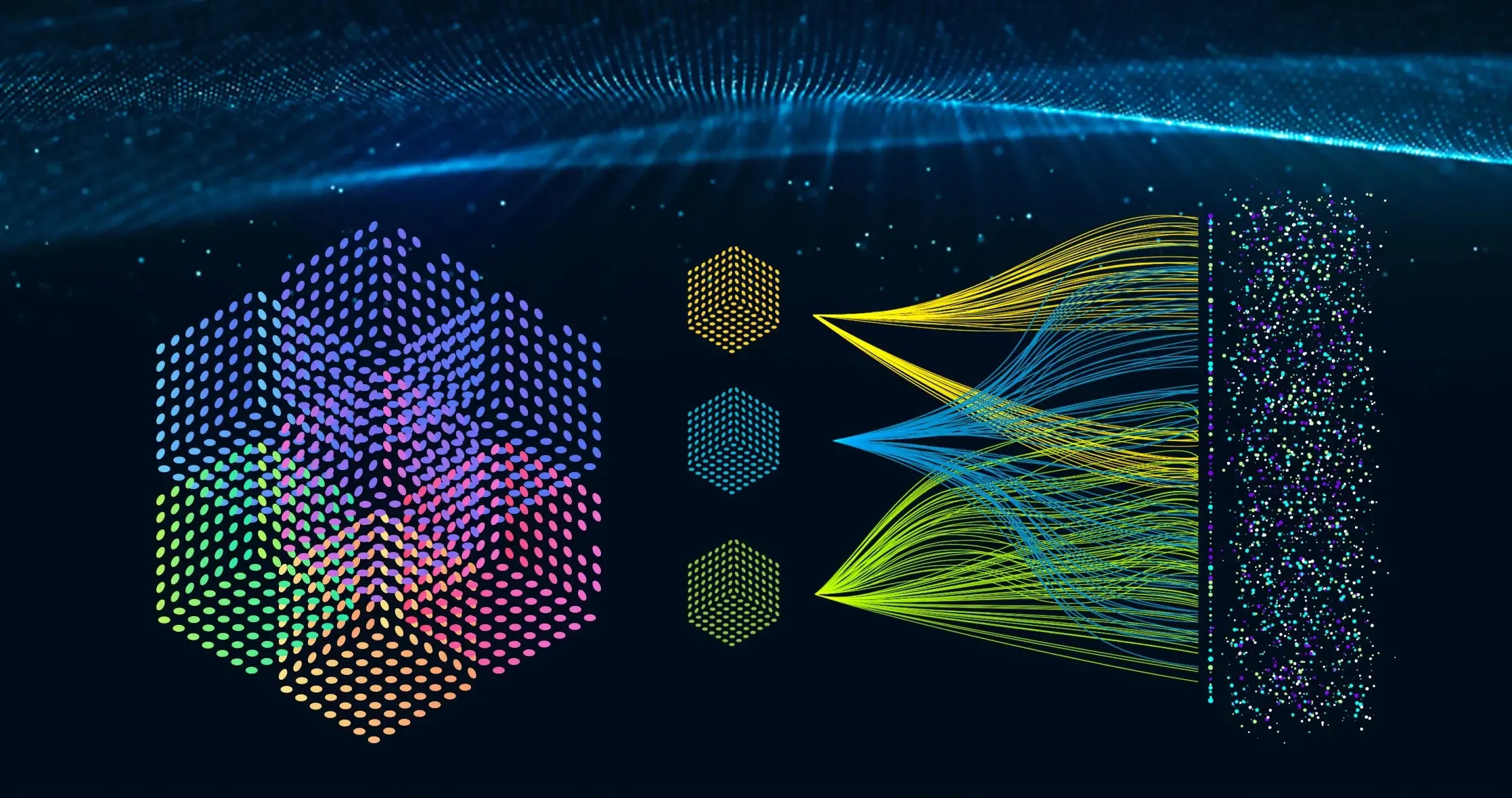 Colorful point clouds and flowing lines visualizing machine learning data