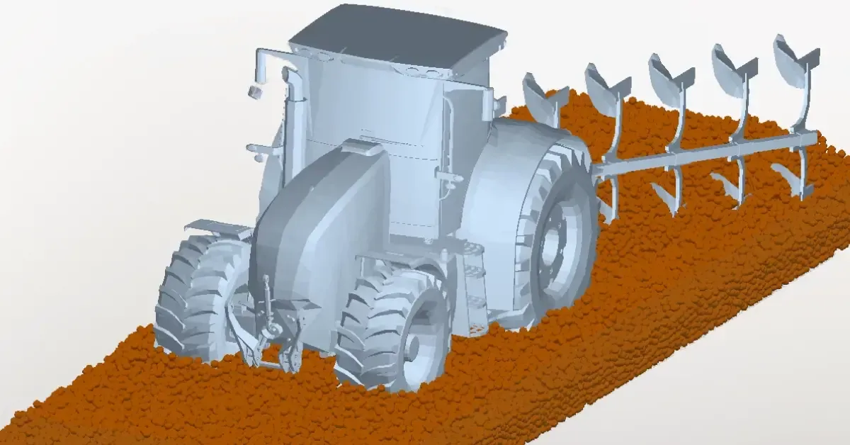 Tractor plow moving soil particles in EDEM
