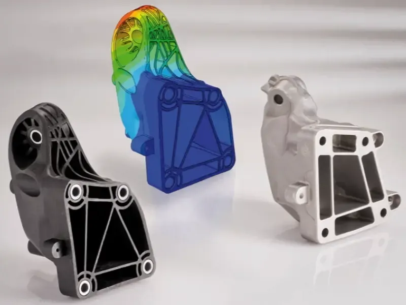 Engine mount bracket shown from topology optimization contour to final cast part