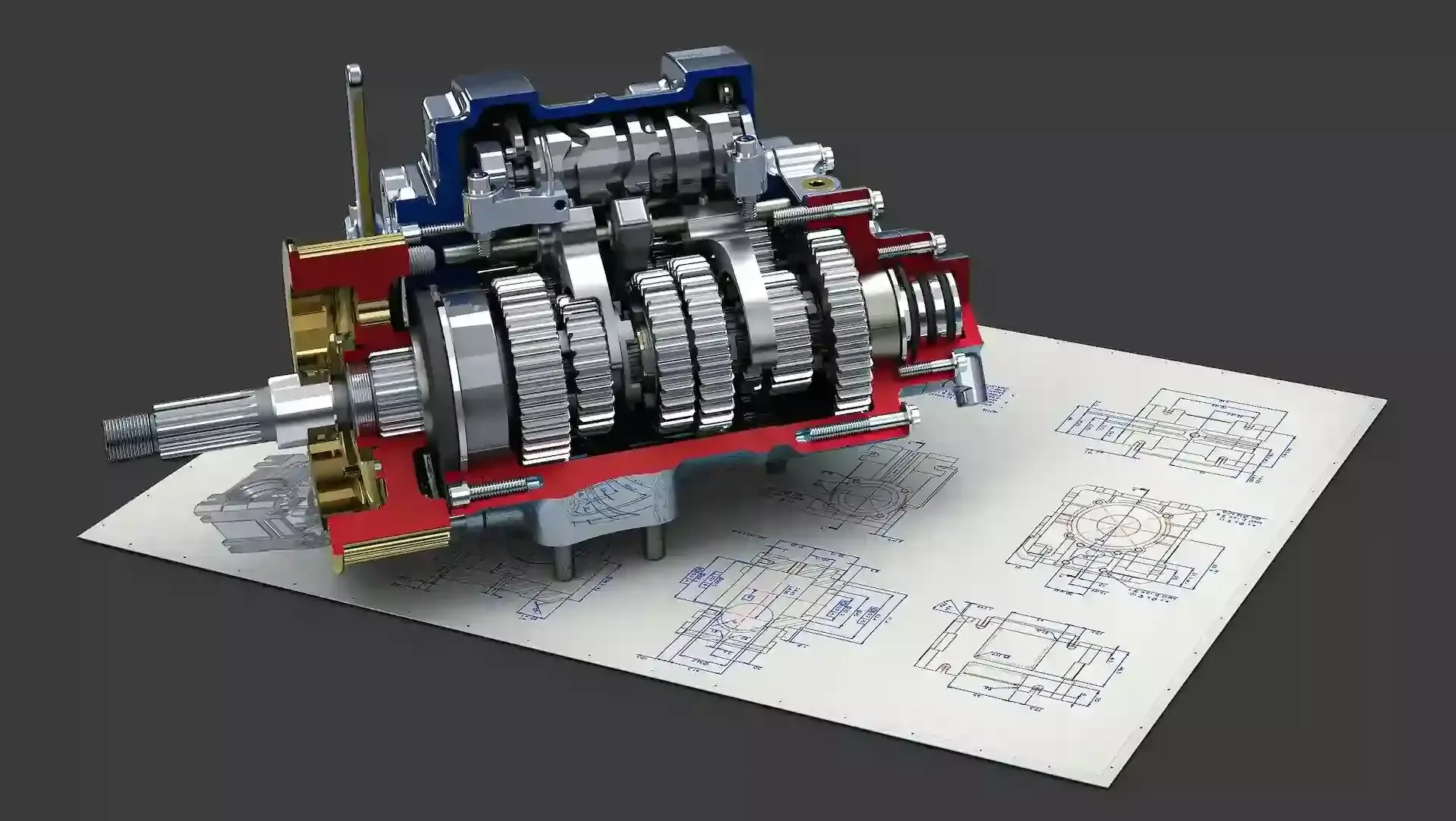 Transmission gearbox cutaway render resting on printed engineering drawings
