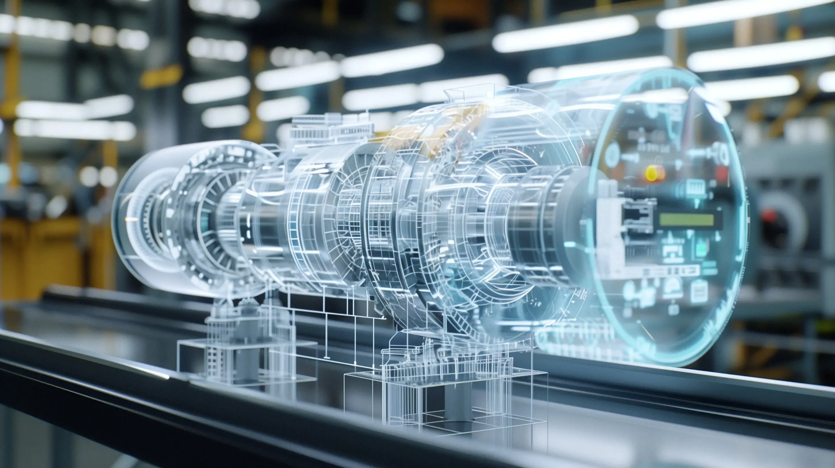 Holographic wireframe engine glowing above a factory production line