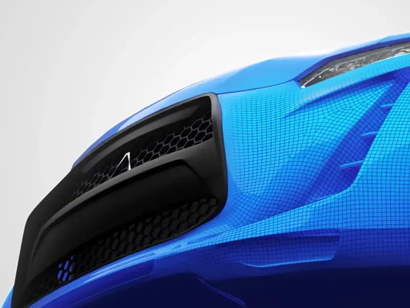 Blue sports car front end with a fine finite element surface mesh