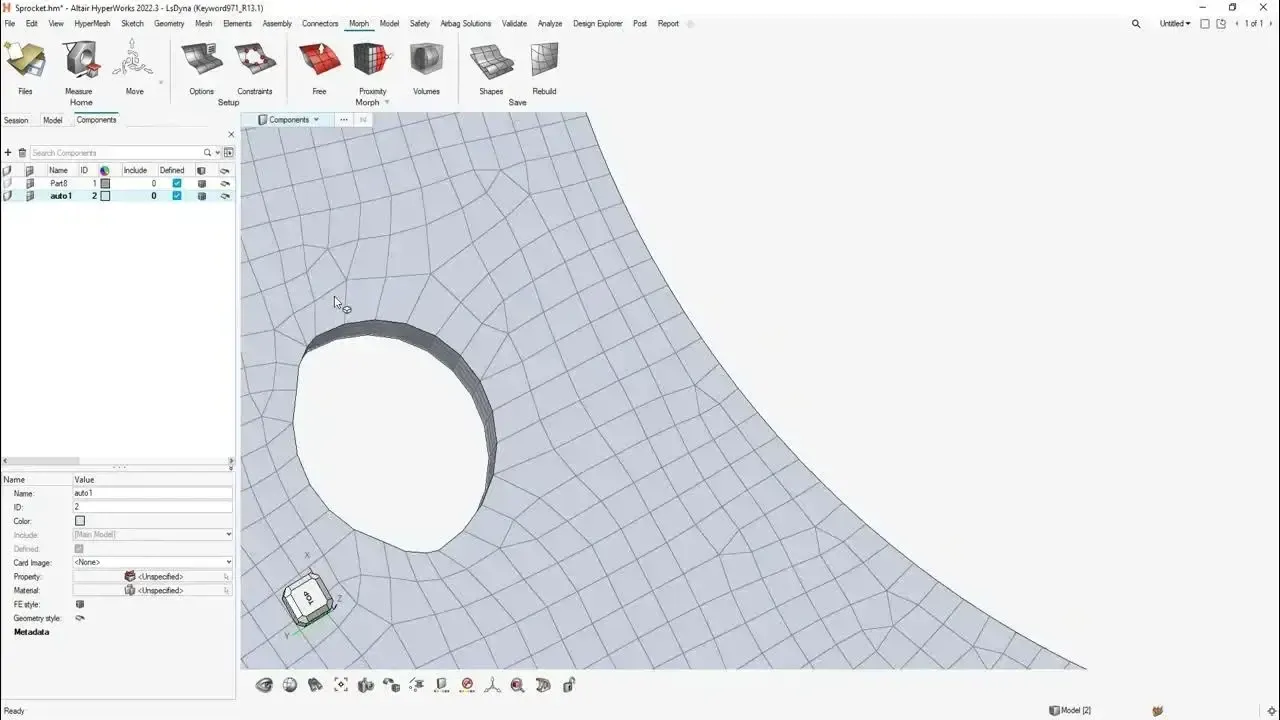 HyperMesh quad shell mesh on a curved panel with a cutout