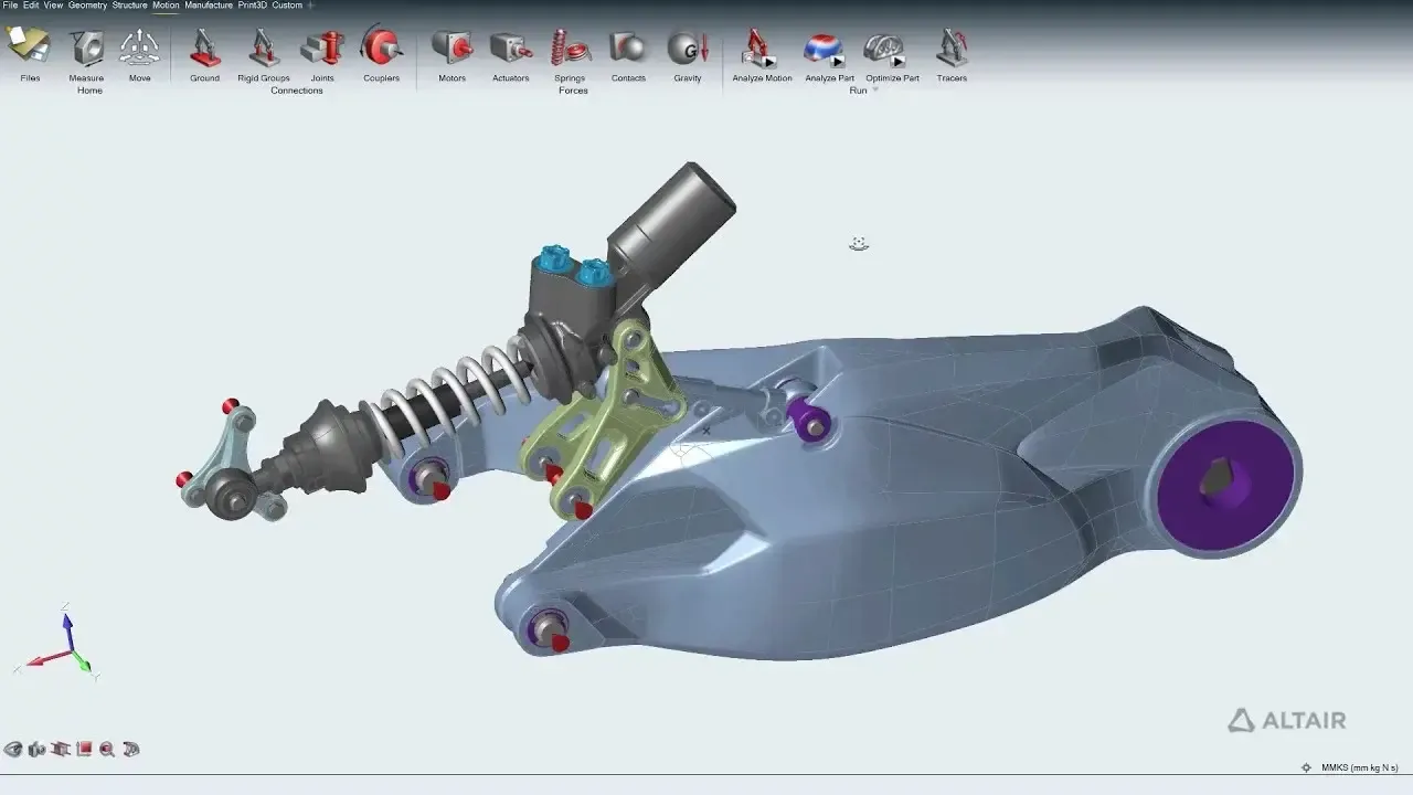 Altair HyperWorks interface showing a motorcycle swingarm and shock absorber assembly