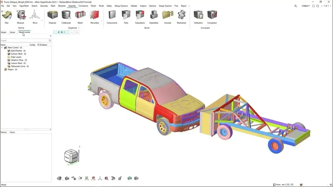 Altair HyperWorks interface showing a pickup truck and its exploded chassis model