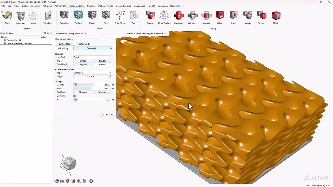 Altair Inspire implicit modeling interface showing an orange lattice block