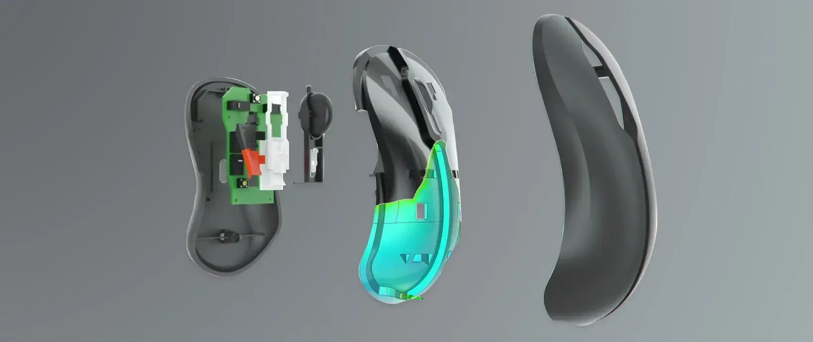 Exploded computer mouse housing with a mold filling contour