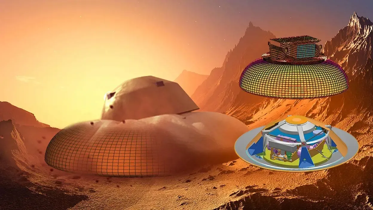 Habitat domes wrapped in structural mesh overlays on a red planet landscape