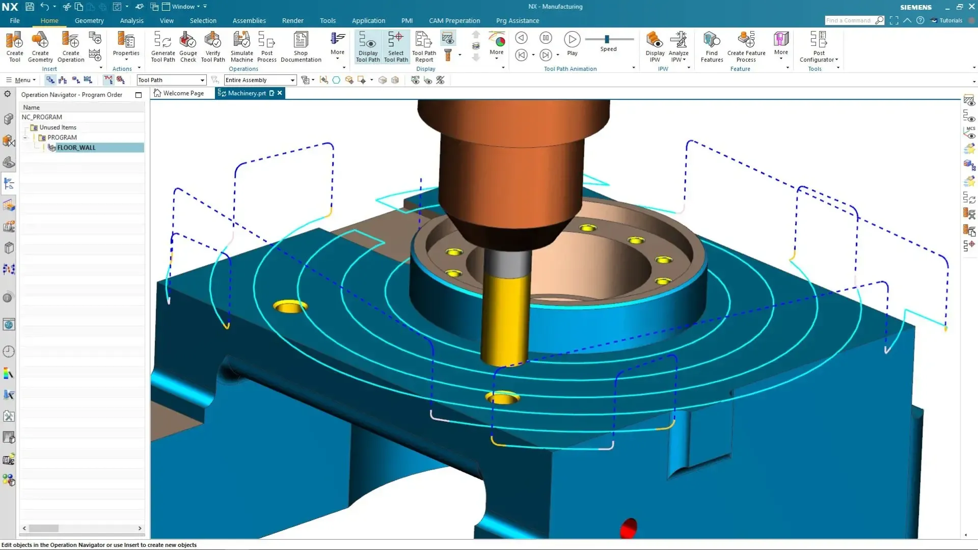 Siemens NX CAM interface showing a milling tool and toolpath on a machined part