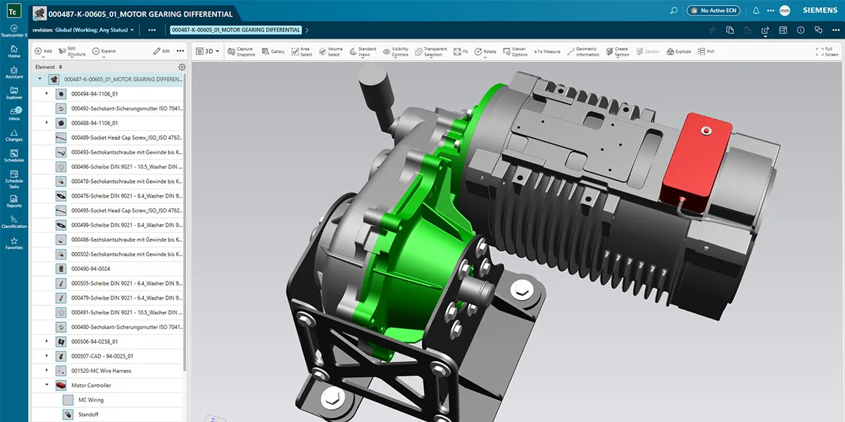 Siemens NX interface with Teamcenter structure showing an electric motor and gearbox assembly