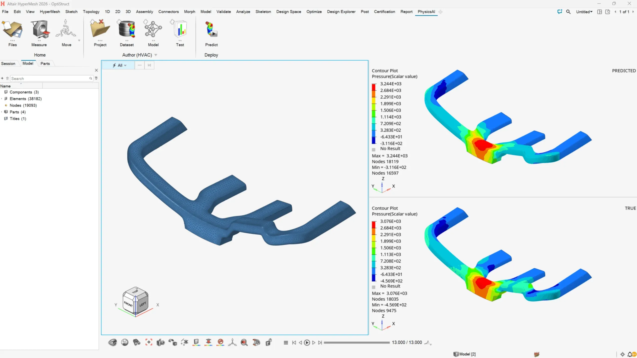 PhysicsAI predicted and solver pressure fields on an HVAC duct