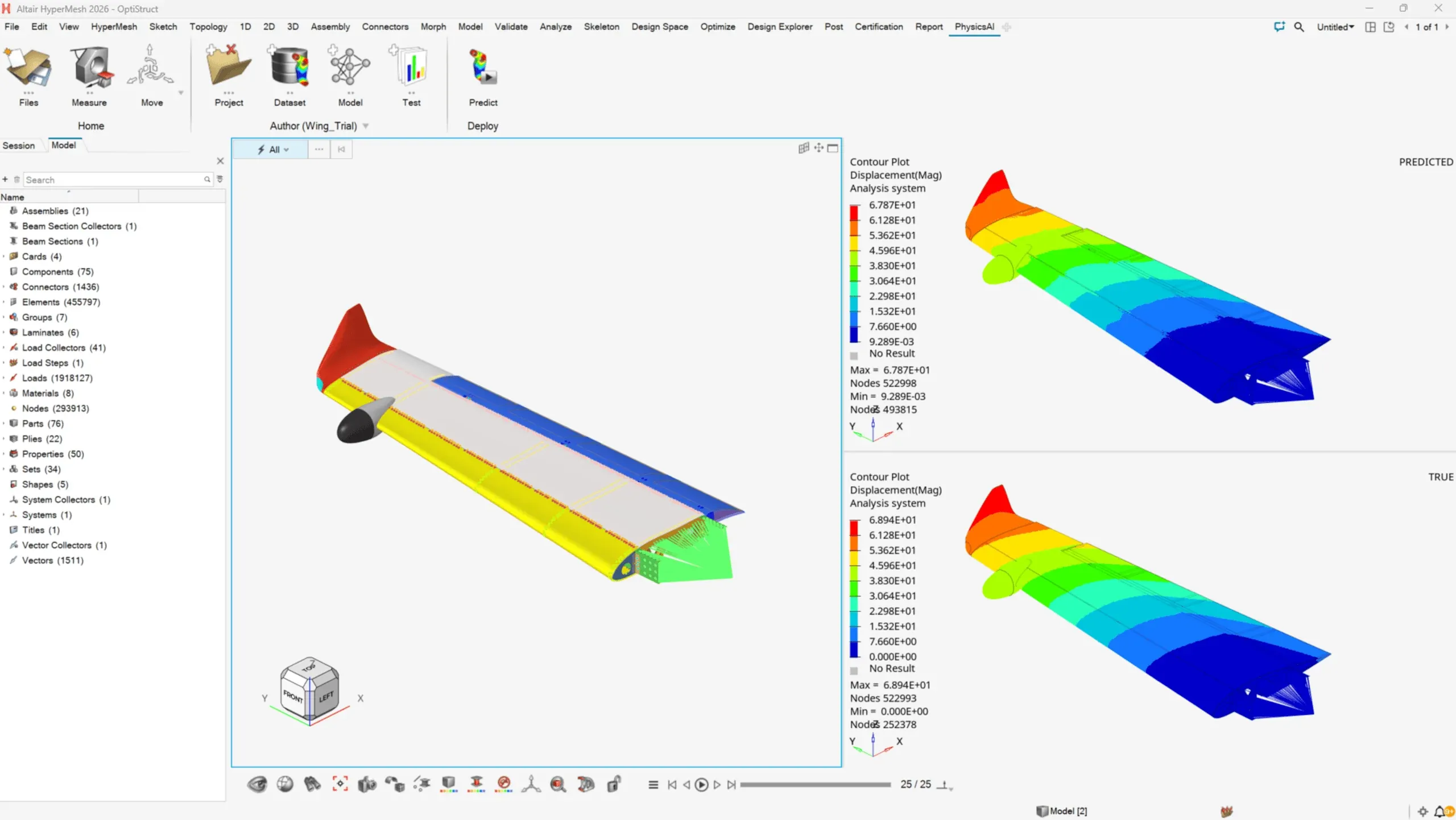 PhysicsAI predicted and solver displacement fields on an aircraft wing