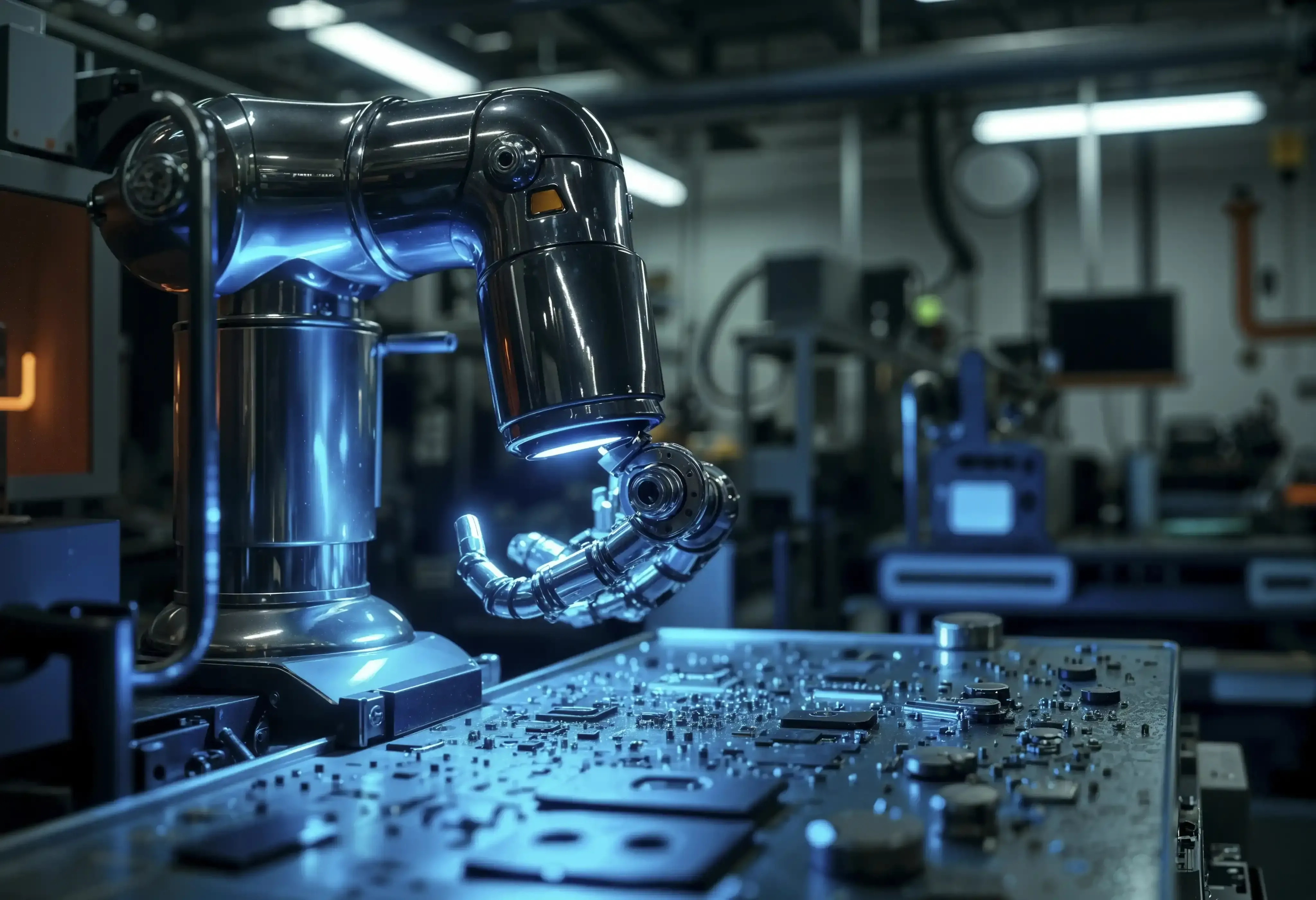 Chrome robotic arm working over a circuit board in a blue-lit electronics lab