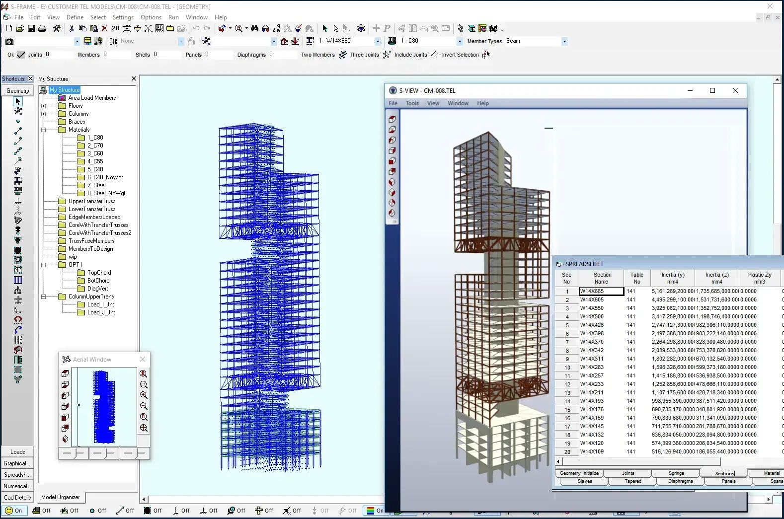 High-rise structural frame model with results table