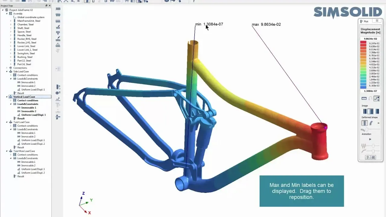 SimSolid displacement contour on a bicycle frame