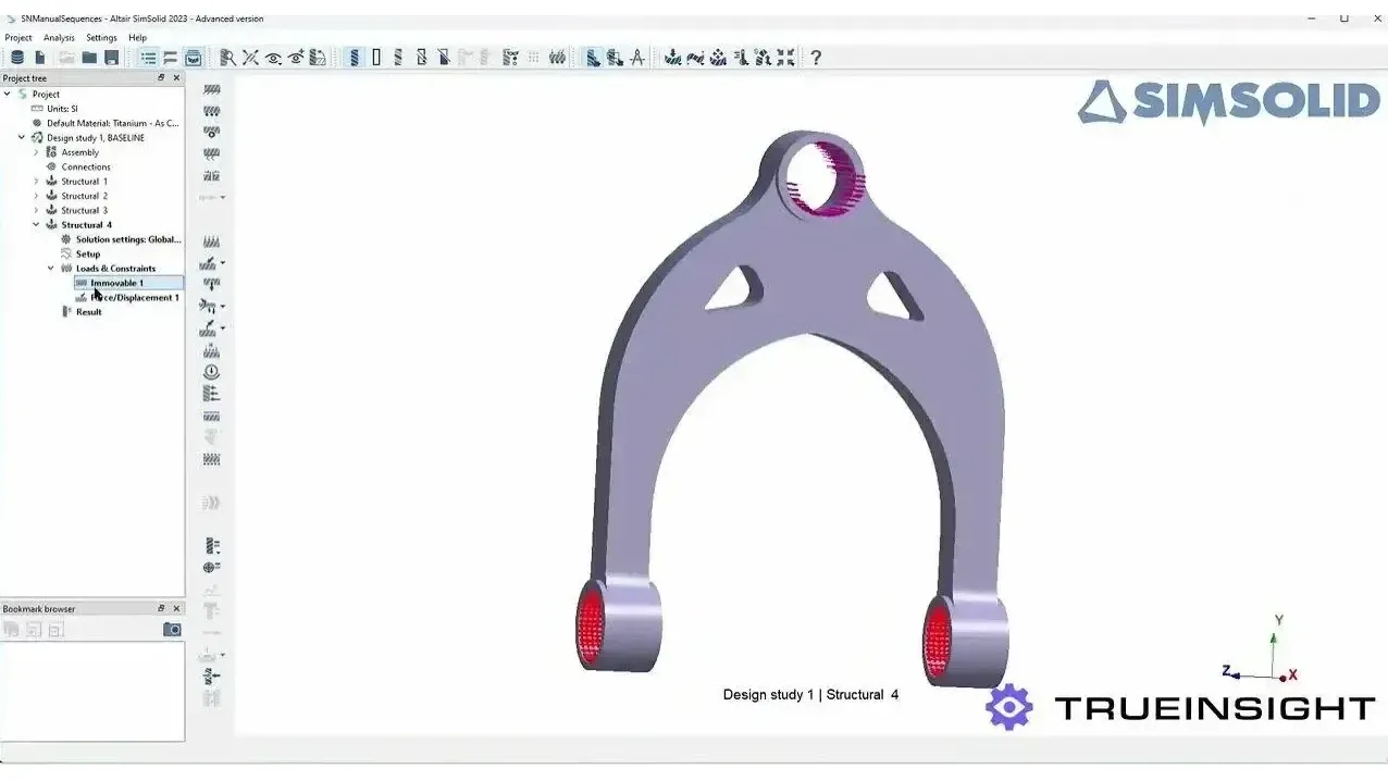 Altair SimSolid interface with a suspension control arm set up for a meshless structural study