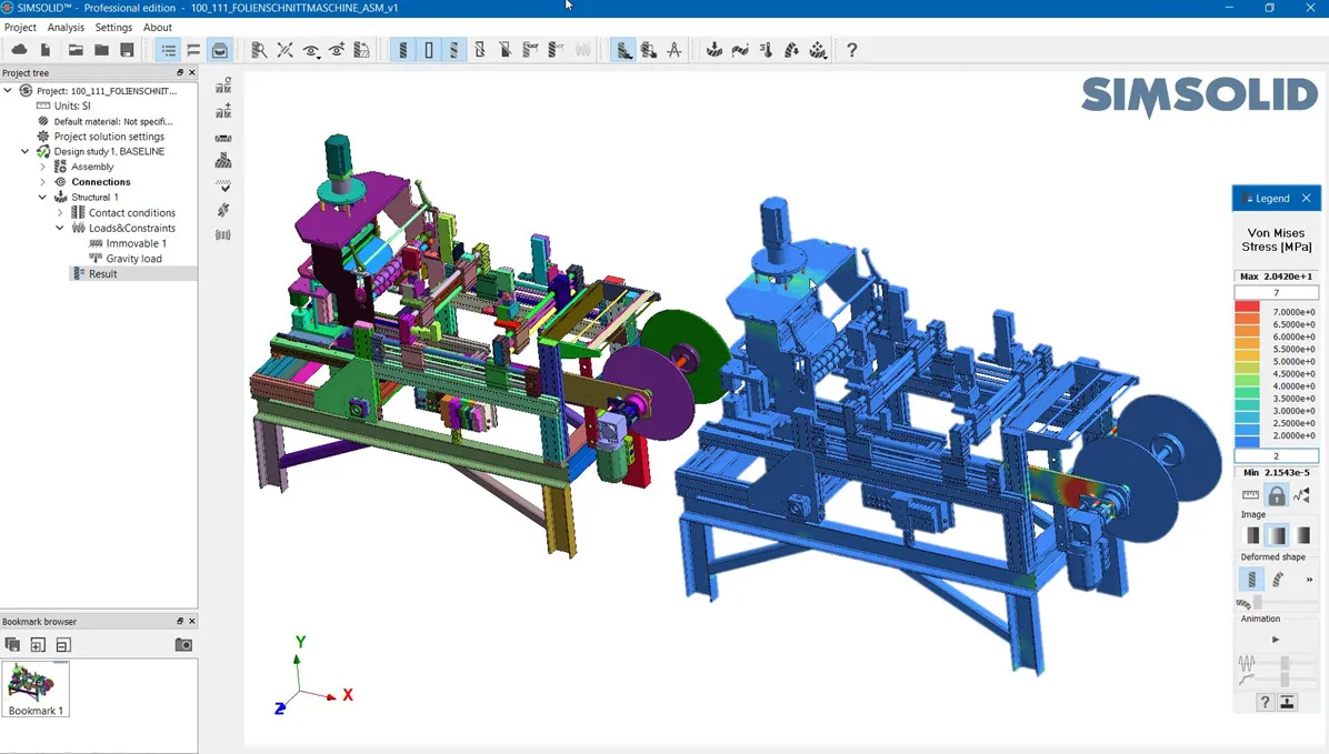 Altair SimSolid interface showing a large foil cutting machine assembly analysis