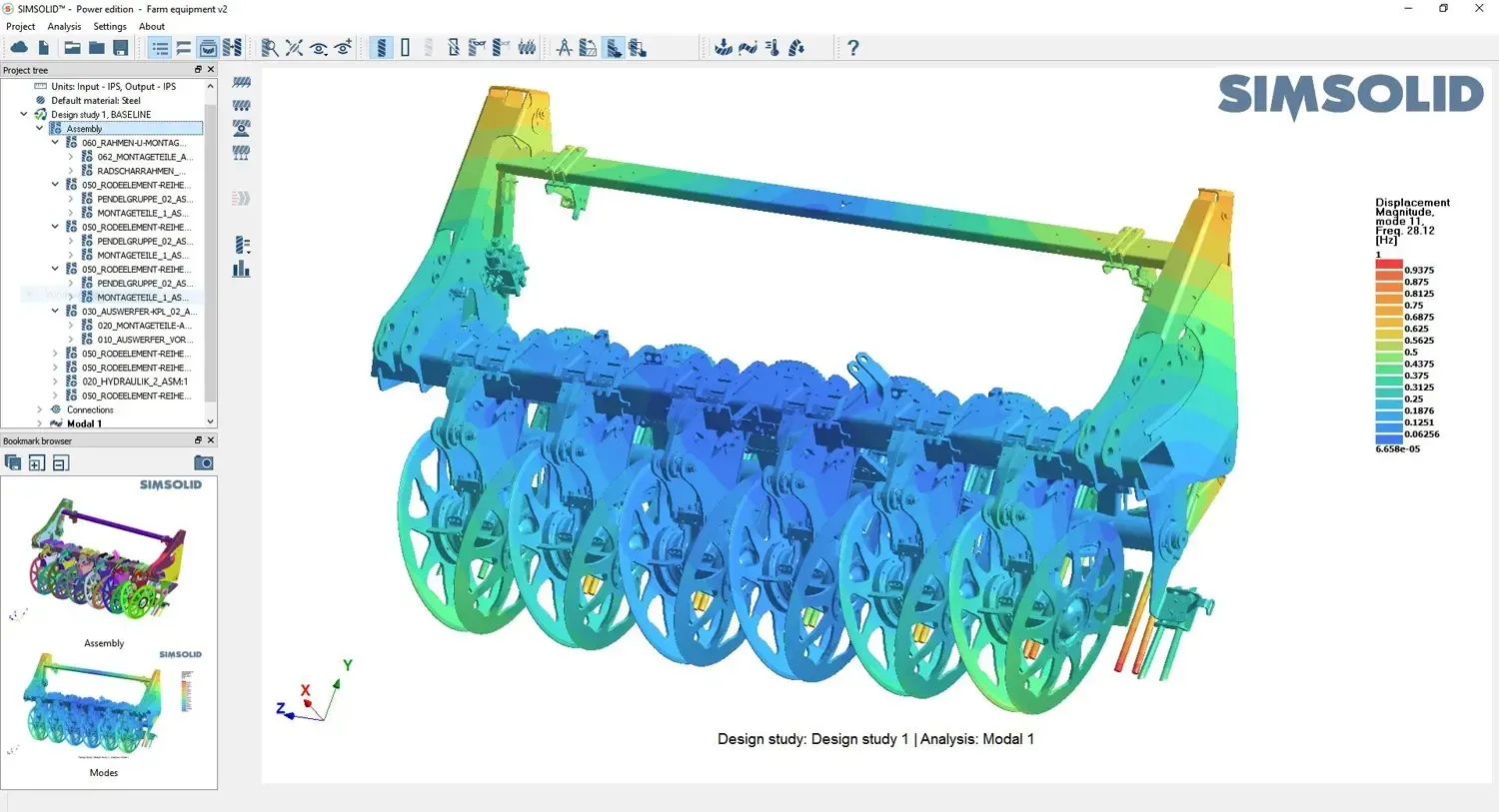 Altair SimSolid interface showing a machine assembly with a stress contour