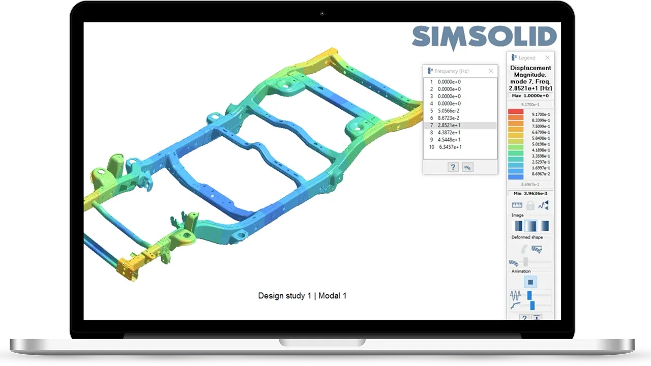 SimSolid on a laptop showing a modal displacement result on a truck ladder frame