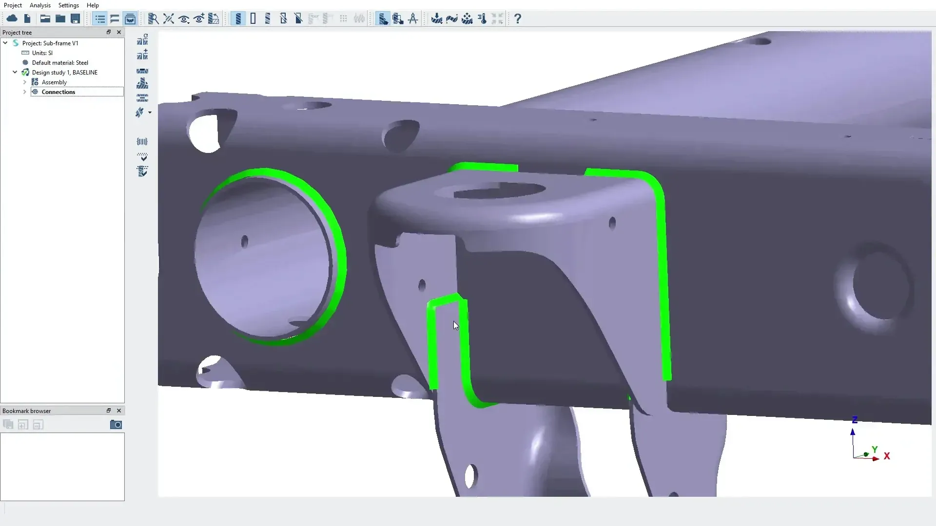 Altair SimSolid welded frame rail assembly with highlighted weld seams