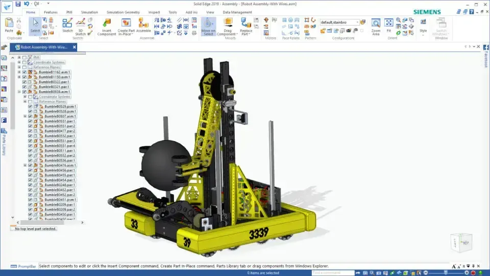 Solid Edge interface with a yellow robotic machine assembly