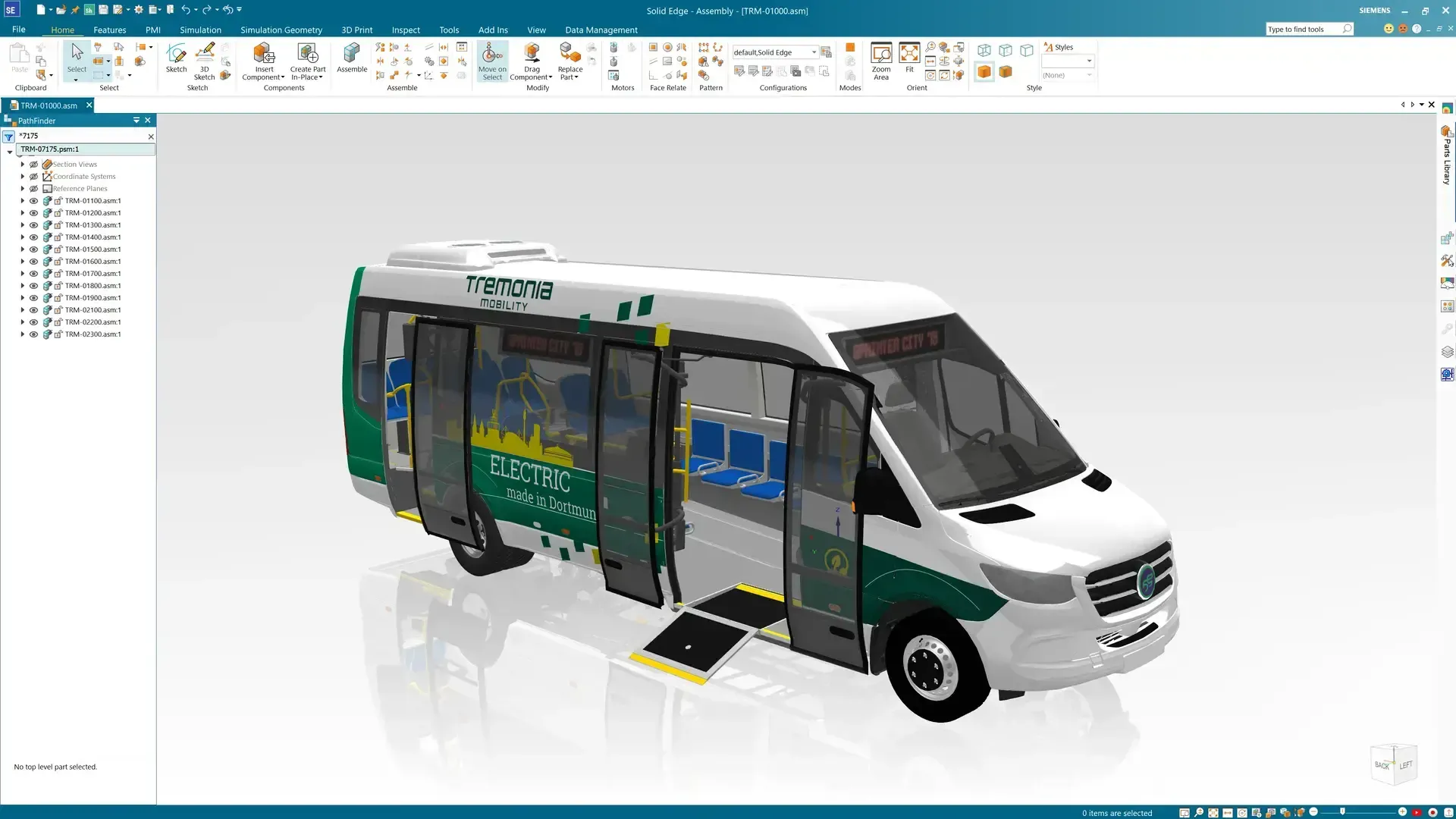 Solid Edge interface showing a 3D minibus assembly model