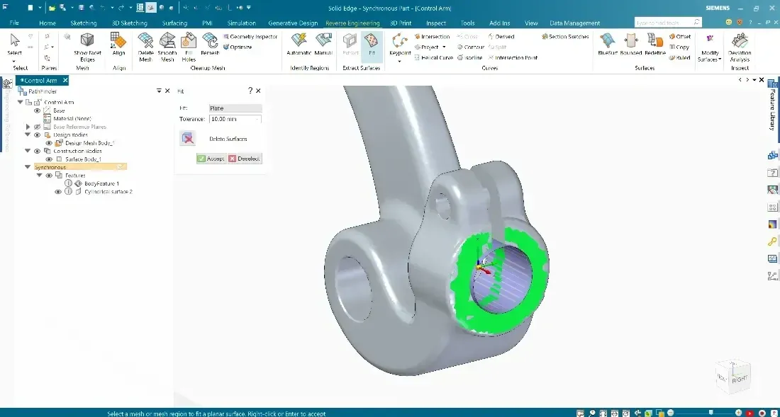 Solid Edge reverse engineering tools fitting a surface on a connecting rod