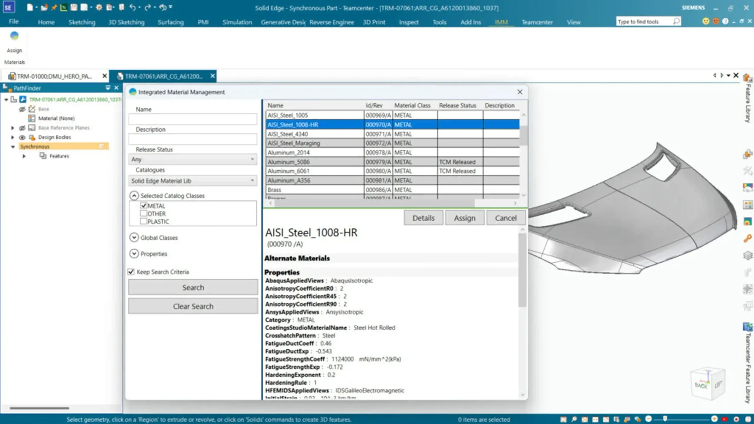 Solid Edge with Teamcenter integrated material management on a car hood part