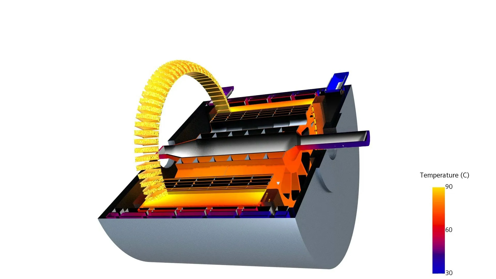 Electric motor cutaway with end windings and a temperature contour from a thermal simulation