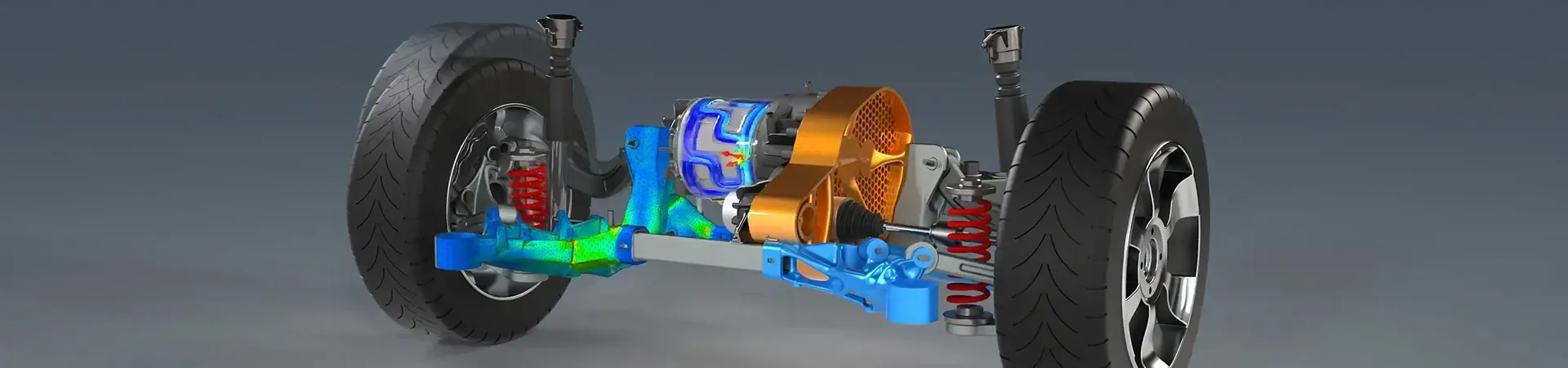 Vehicle suspension and drivetrain assembly render with stress contours on a dark background