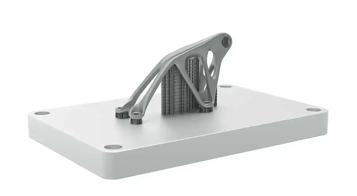 Topology-optimized metal bracket with support structures on a 3D printing build plate
