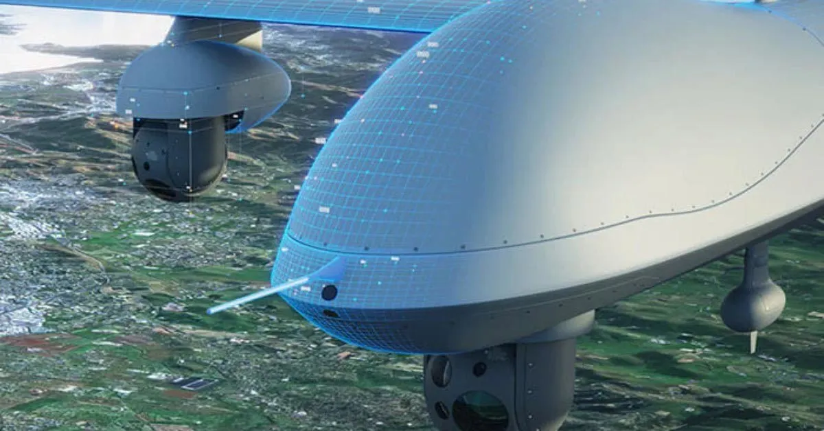 Military UAV nose radome and sensor pod over terrain