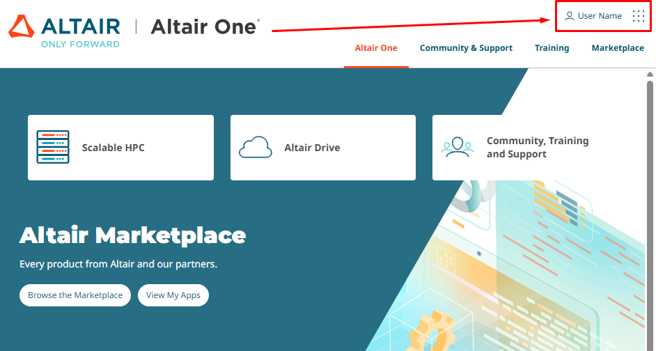 The account menu in the upper-right corner of Altair One.