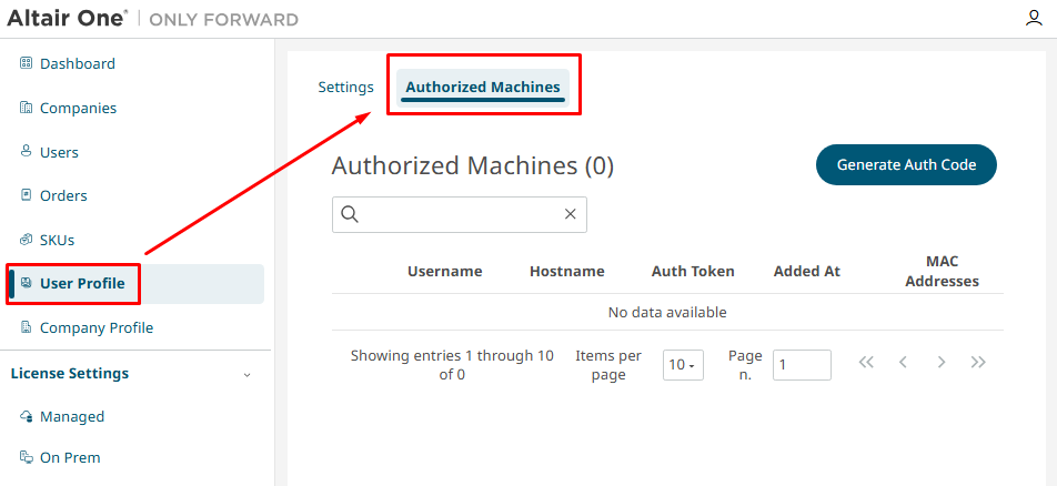The Authorized Machines tab under User Profile. An empty list is normal on a new account.