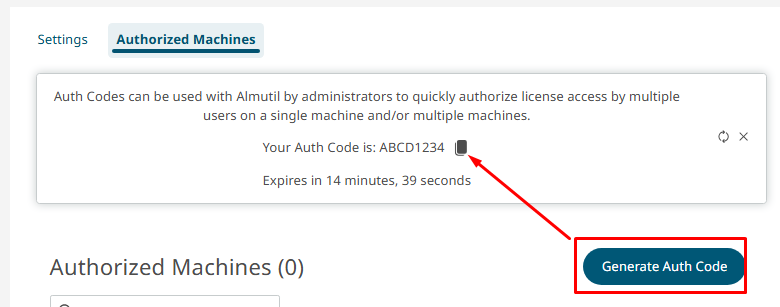 Clicking Generate Auth Code produces a single-use code with a short expiration timer.