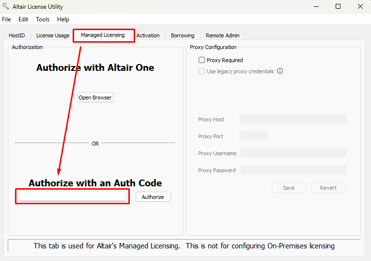 Pasting the auth code into the Managed Licensing tab of the Altair License Utility (ALMutil).