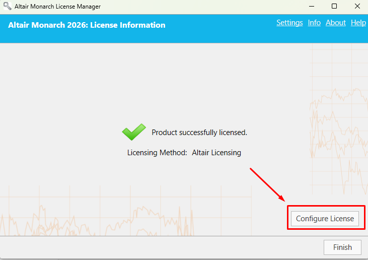 The Altair Monarch License Manager. Even if the product shows as licensed, click Configure License to re-authorize.