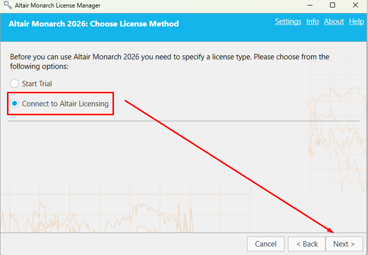 Choosing Connect to Altair Licensing as the license method.