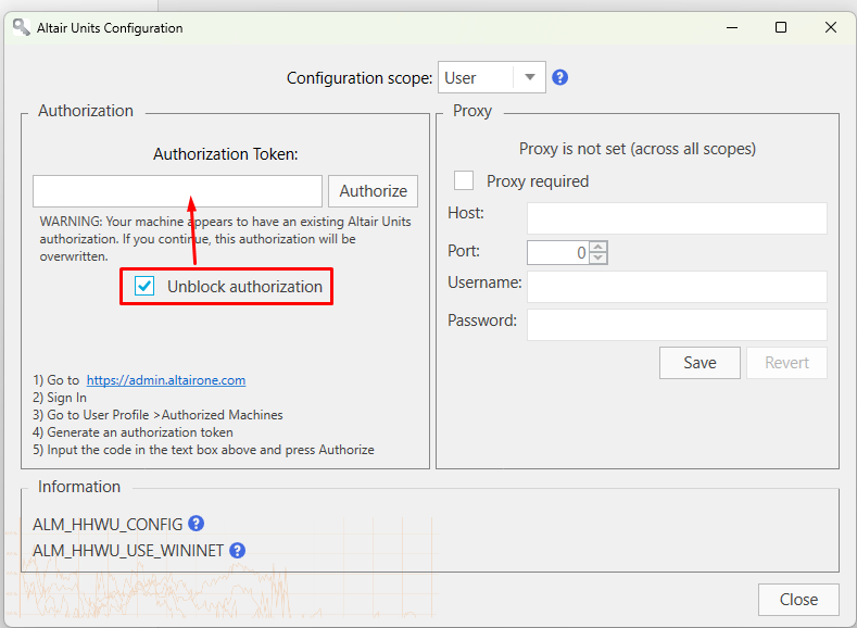 Tick Unblock authorization, paste the auth code into the Authorization Token field, then click Authorize.