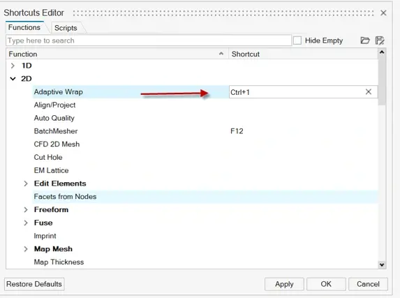 HyperMesh Shortcuts Editor assigning the Ctrl+1 hotkey to the Adaptive Wrap function
